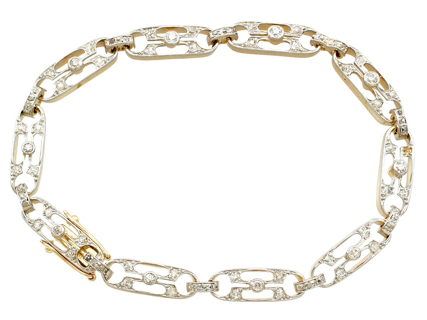 An impressive antique 1.05 carat diamond and 12 karat yellow gold, platinum set bracelet; part of our diverse antique jewelry and estate jewelry collections.

This fine and impressive antique diamond bracelet has been crafted in 12k yellow gold with