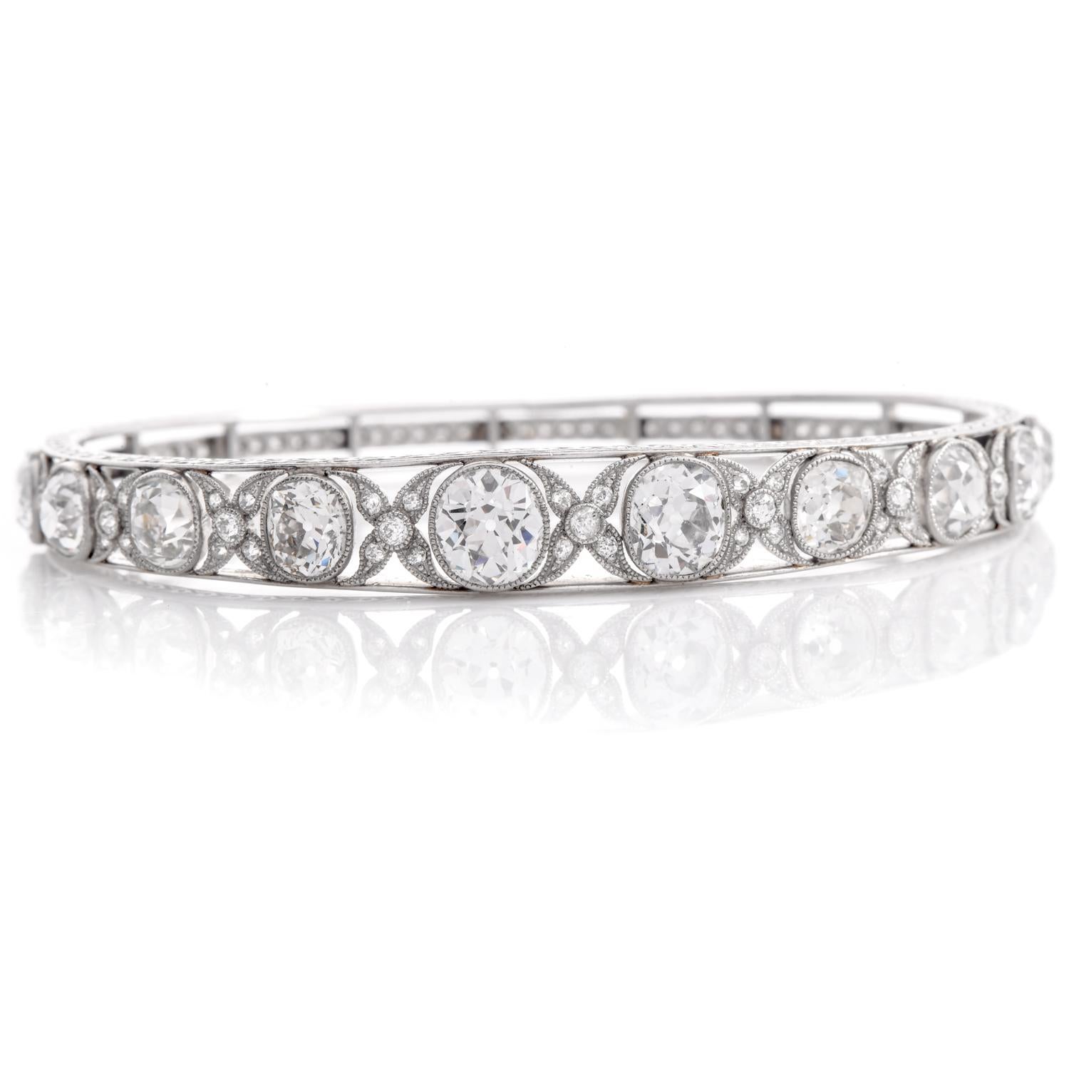 Old European Cut Antique 10.50cts Old European Diamond Platinum Bangle Bracelet For Sale