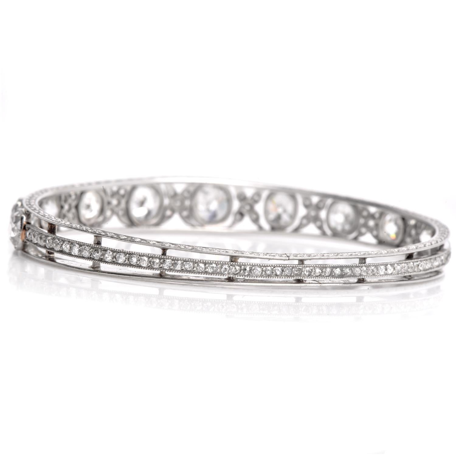Antique 10.50cts Old European Diamond Platinum Bangle Bracelet In Excellent Condition For Sale In Miami, FL