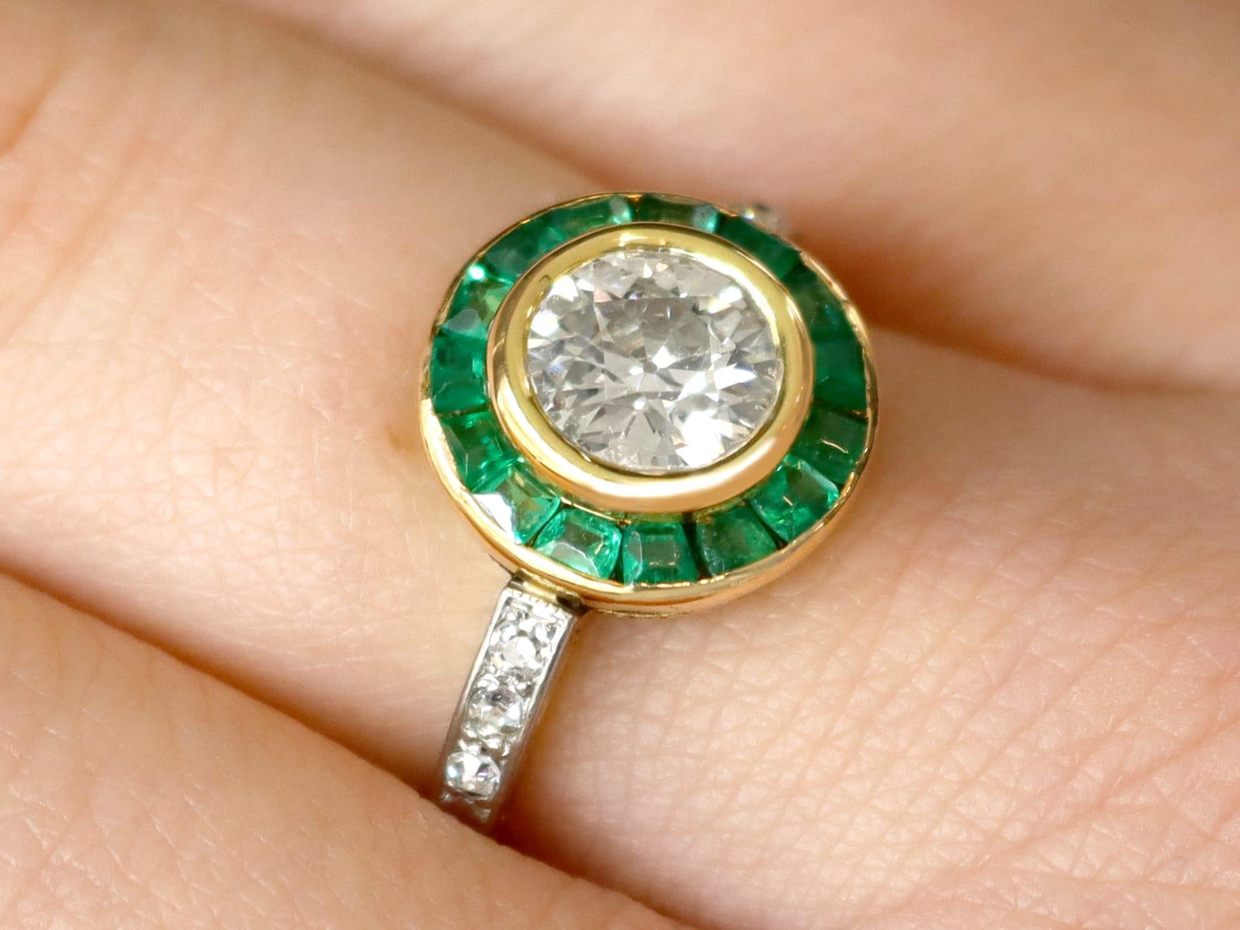 Old European Cut Antique 1.05Ct Emerald 1.18Ct Diamond Yellow Gold Ring, Circa 1930 For Sale
