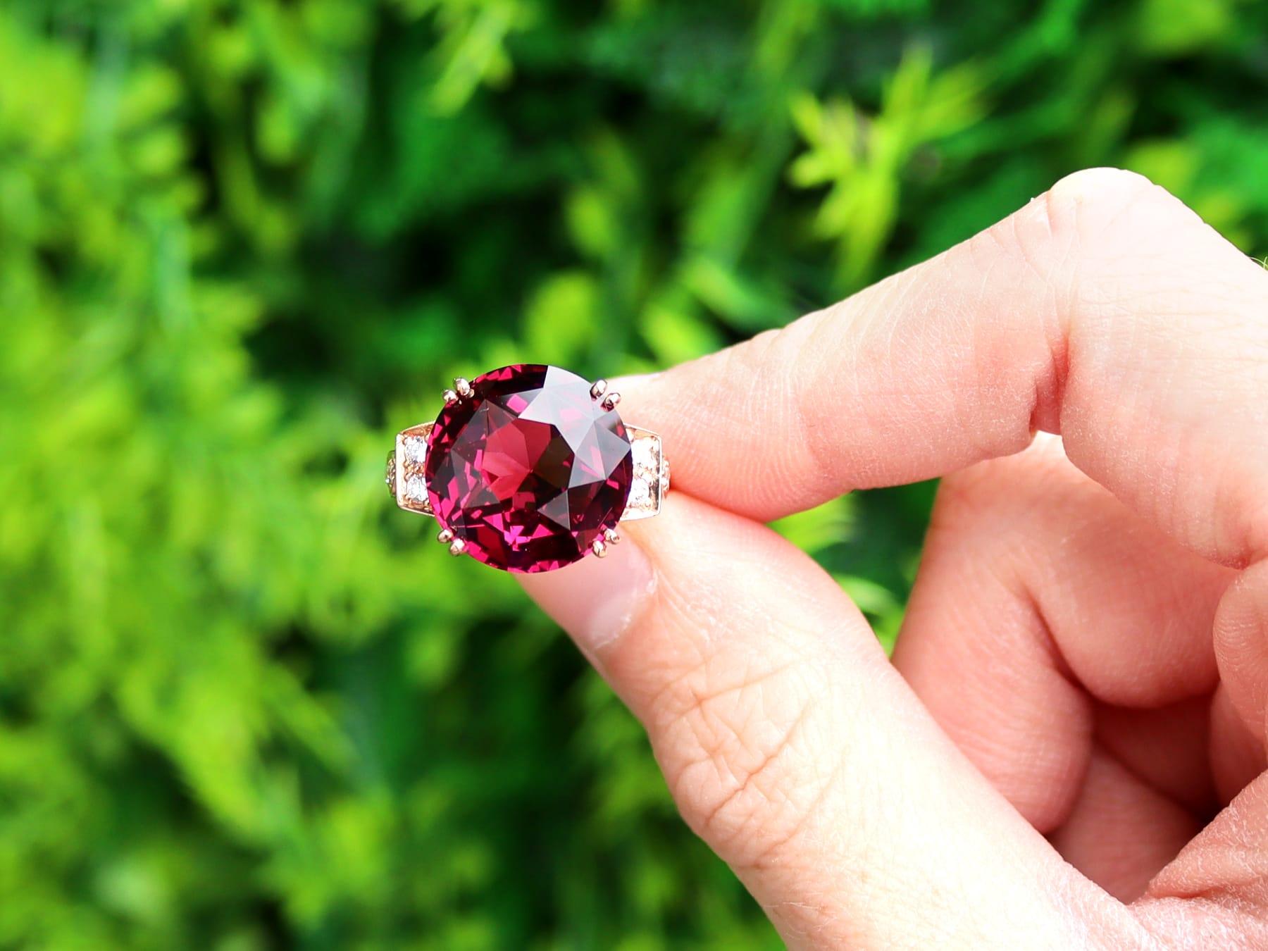 A stunning, fine and impressive 10.5ct rhodolite garnet and 0.20 carat diamond, 18k Rose Gold Dress Ring; part of our diverse gemstone ring collections.

This stunning, fine and impressive antique gemstone ring has been crafted in 18k rose
