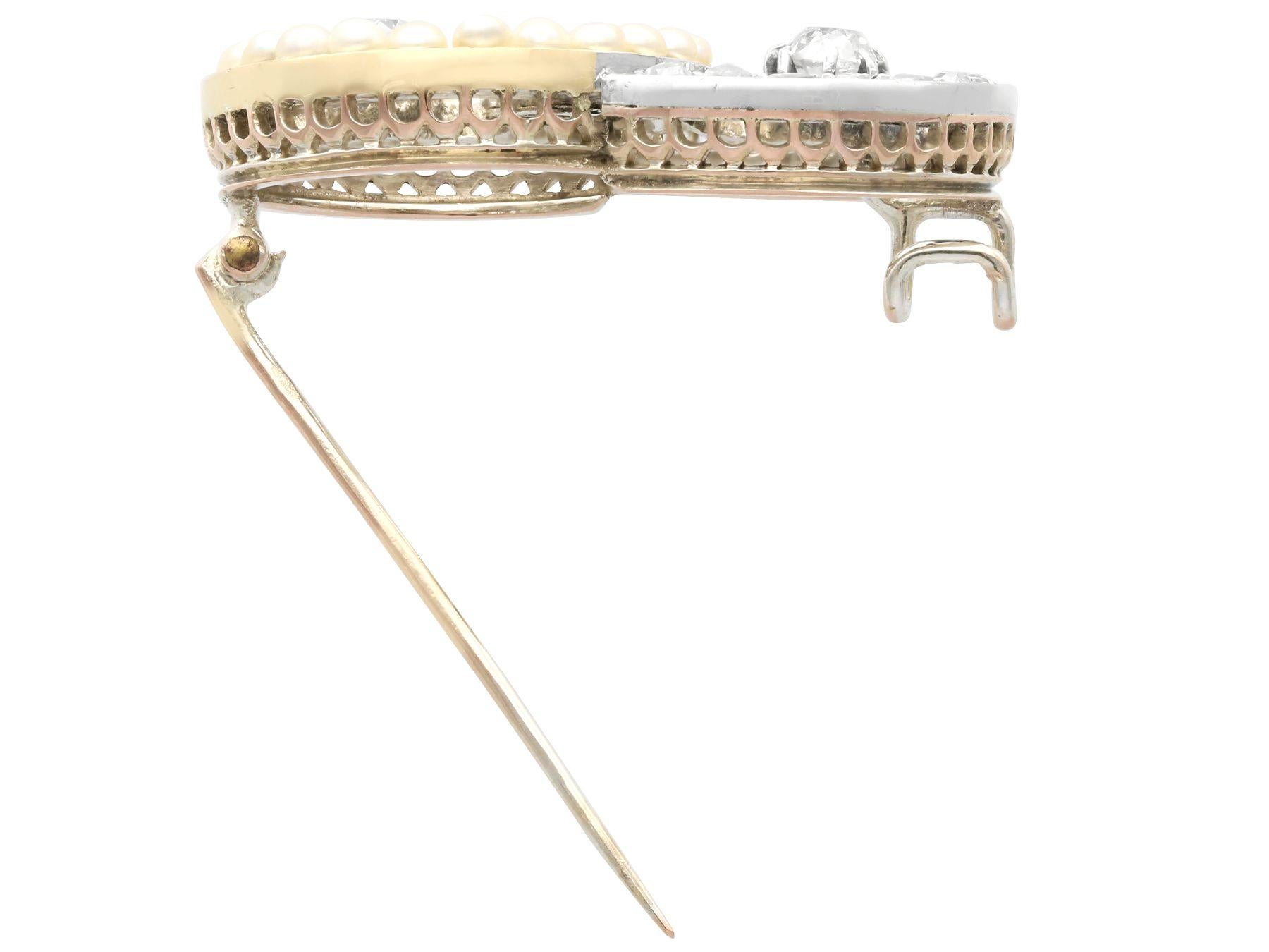 Victorian 1.06 Carat Diamond and Pearl Yellow Gold Brooch For Sale 1