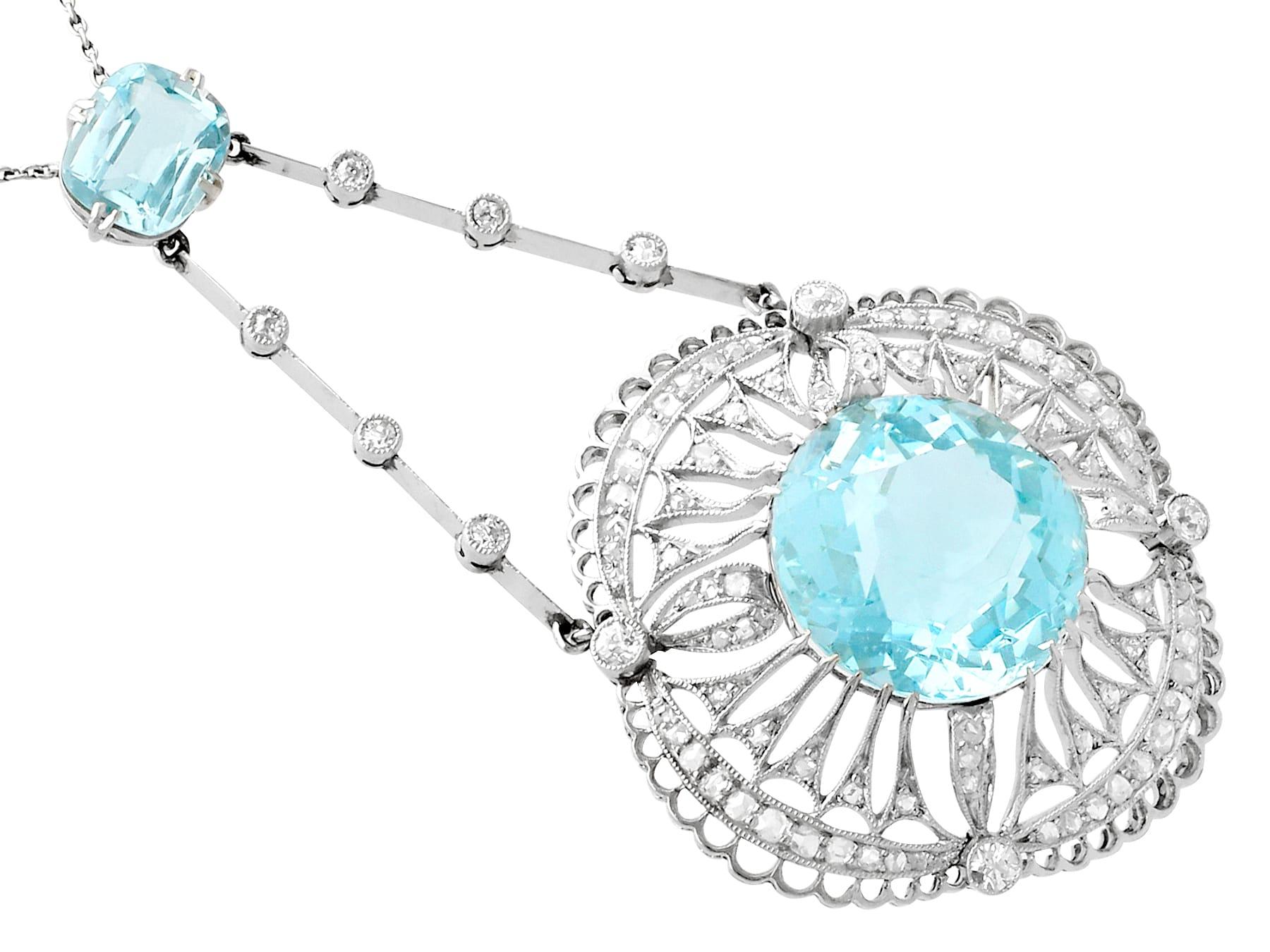 Round Cut Antique 10.97 Carat Aquamarine, Topaz and Diamond Platinum Necklace (1920s) For Sale
