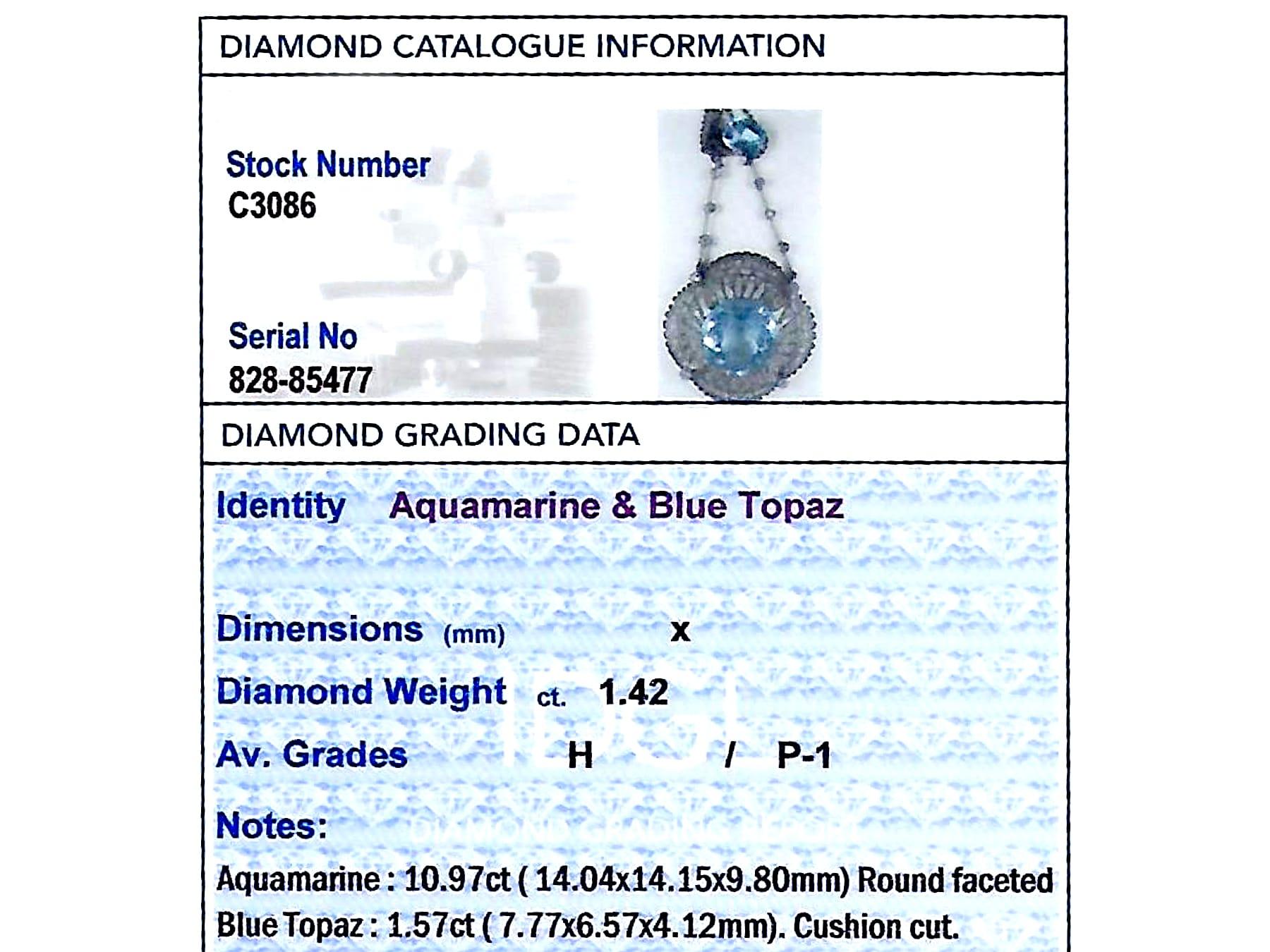Antique 10.97 Carat Aquamarine, Topaz and Diamond Platinum Necklace (1920s) For Sale 1