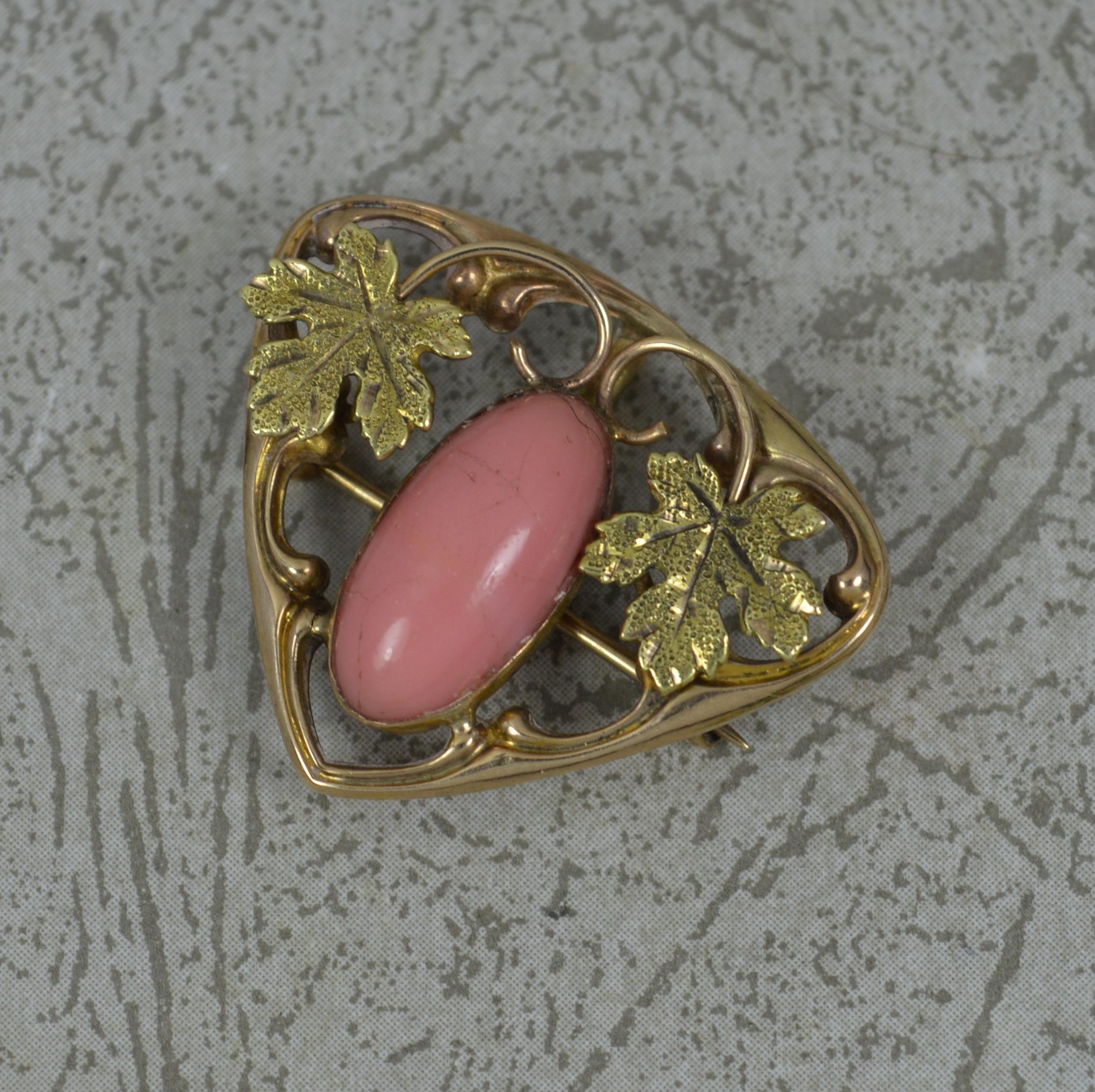 Antique 10ct Gold and Coral Solitaire Art Nouveau Brooch Pendant For Sale 2