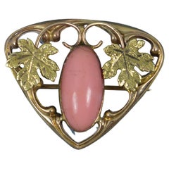 Antique 10ct Gold and Coral Solitaire Art Nouveau Brooch Pendant