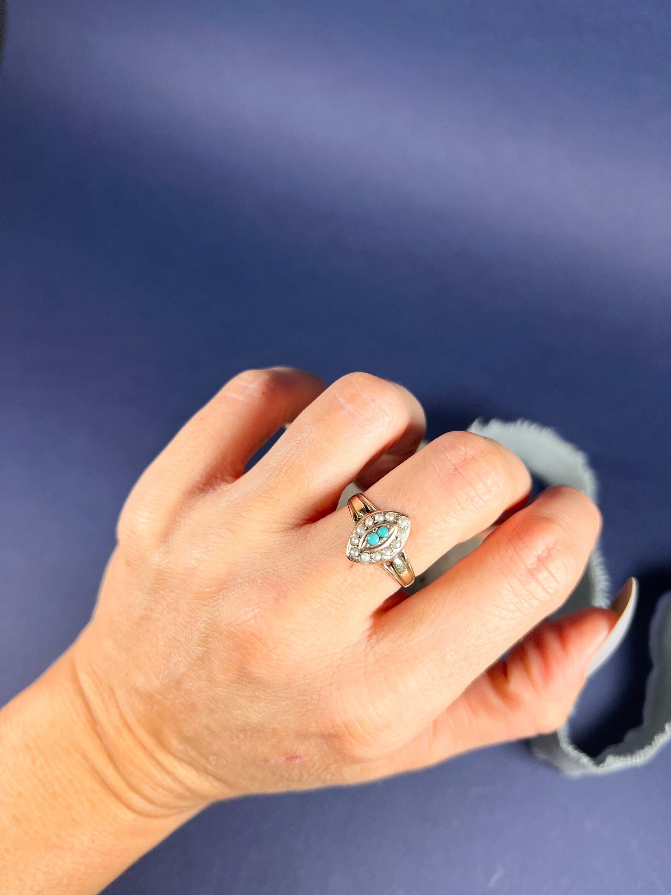 Antique Turquoise Ring 

10ct Gold Stamped 

Makers Mark H & S

Circa 1900

Beautiful, Edwardian marquise/navette shaped ring. Set with two turquoise stones to the centre & a halo of natural seed pearls. Mounted on a 10ct yellow gold band with
