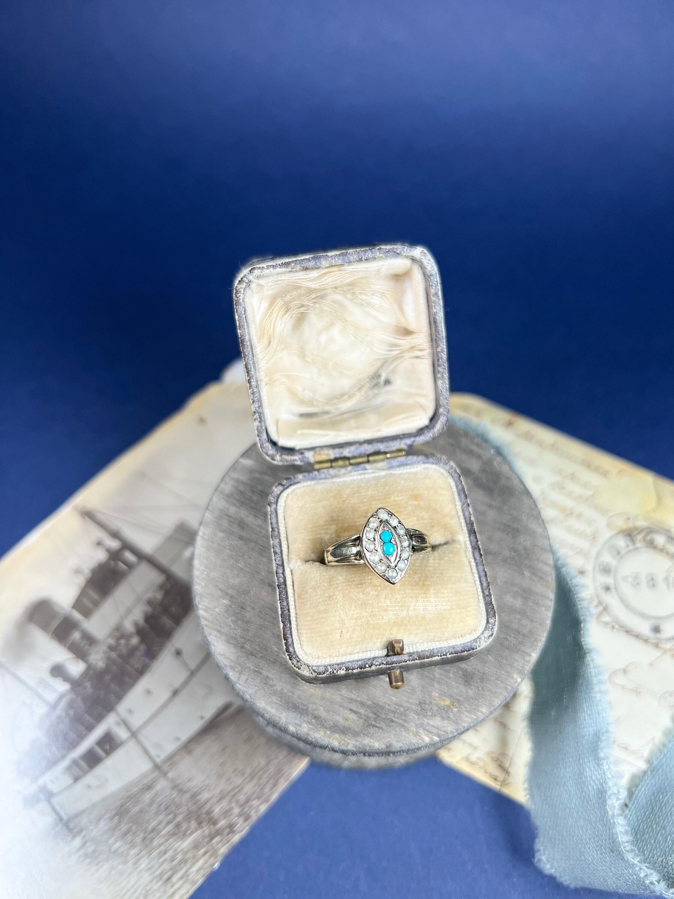 Round Cut Antique 10ct Gold Edwardian Turquoise & Pearl Marquise / Navette Ring For Sale