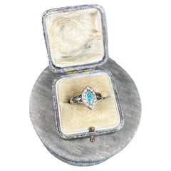Antique 10ct Gold Edwardian Turquoise & Pearl Marquise / Navette Ring