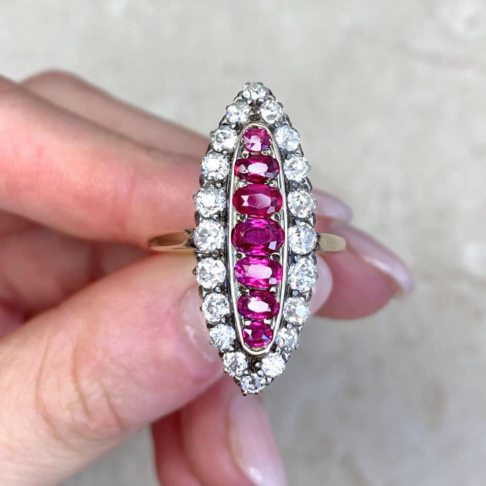 Antique 1.0ct Oval Cut Burmese Ruby Cocktail Ring, Diamond Halo, 18k Yellow Gold For Sale 6
