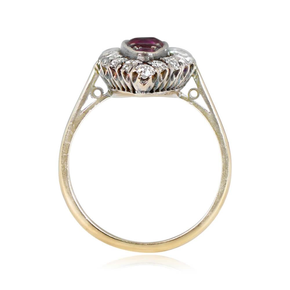 Women's Antique 1.0ct Oval Cut Burmese Ruby Cocktail Ring, Diamond Halo, 18k Yellow Gold For Sale