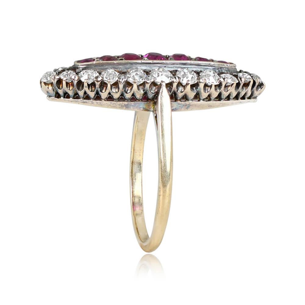 Antique 1.0ct Oval Cut Burmese Ruby Cocktail Ring, Diamond Halo, 18k Yellow Gold In Excellent Condition For Sale In New York, NY