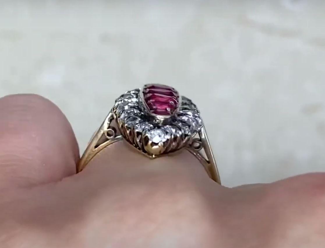 Antique 1.0ct Oval Cut Burmese Ruby Cocktail Ring, Diamond Halo, 18k Yellow Gold For Sale 2