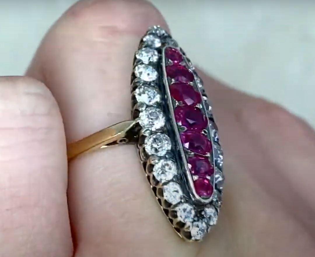 Antique 1.0ct Oval Cut Burmese Ruby Cocktail Ring, Diamond Halo, 18k Yellow Gold For Sale 3