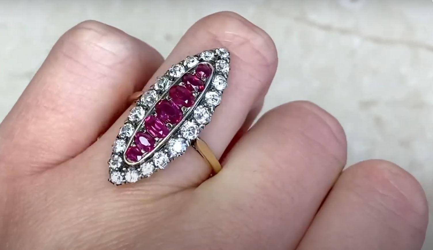 Antique 1.0ct Oval Cut Burmese Ruby Cocktail Ring, Diamond Halo, 18k Yellow Gold For Sale 4