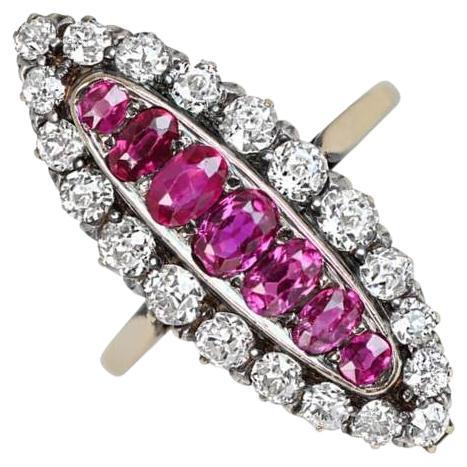 Antique 1.0ct Oval Cut Burmese Ruby Cocktail Ring, Diamond Halo, 18k Yellow Gold