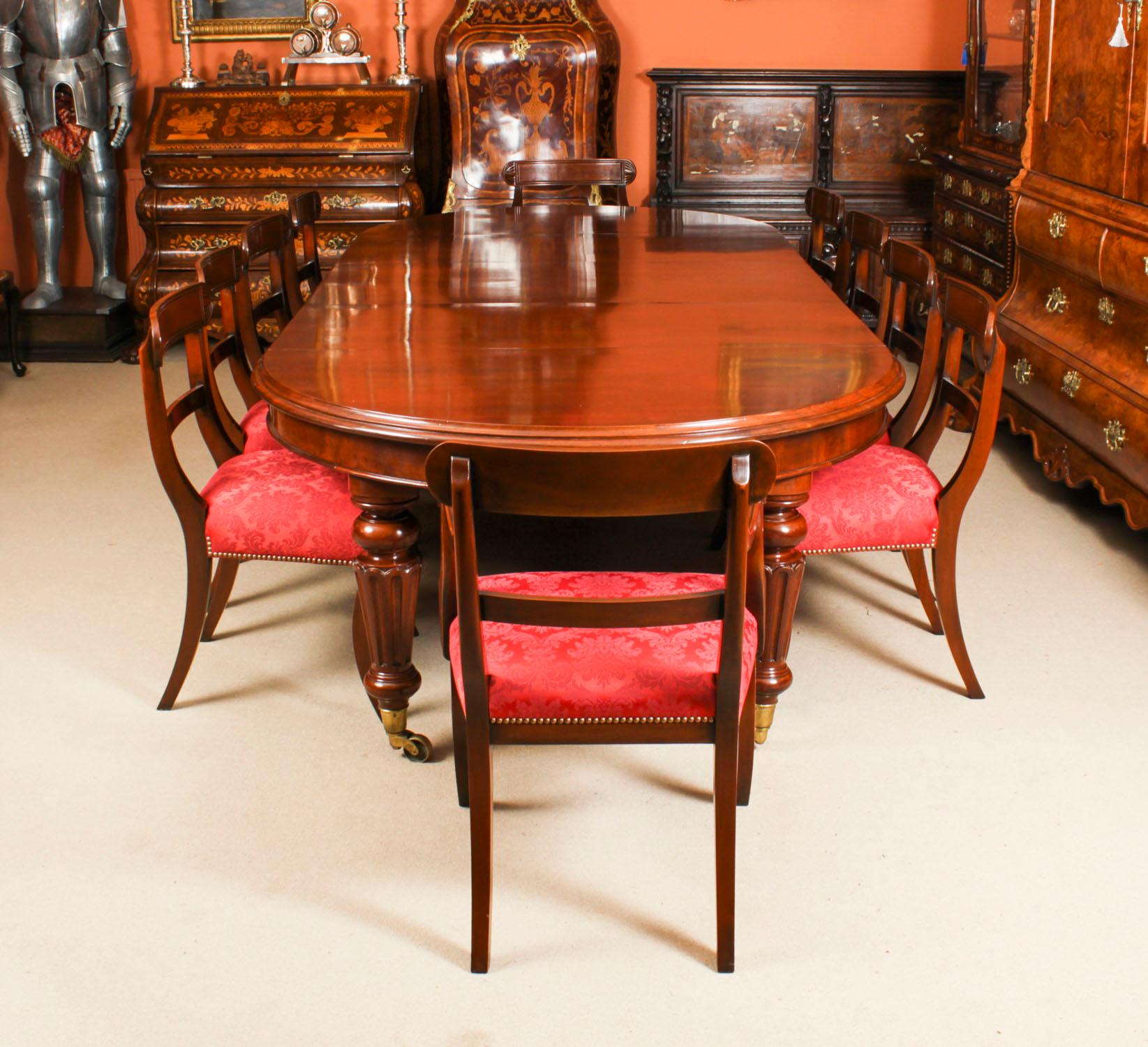This is a fabulous antique Victorian oval flame mahogany extending dining table, circa 1860 in date and ten Regency revival chairs. 

The table has three original leaves, can comfortably seat ten and has been hand-crafted from solid flame mahogany