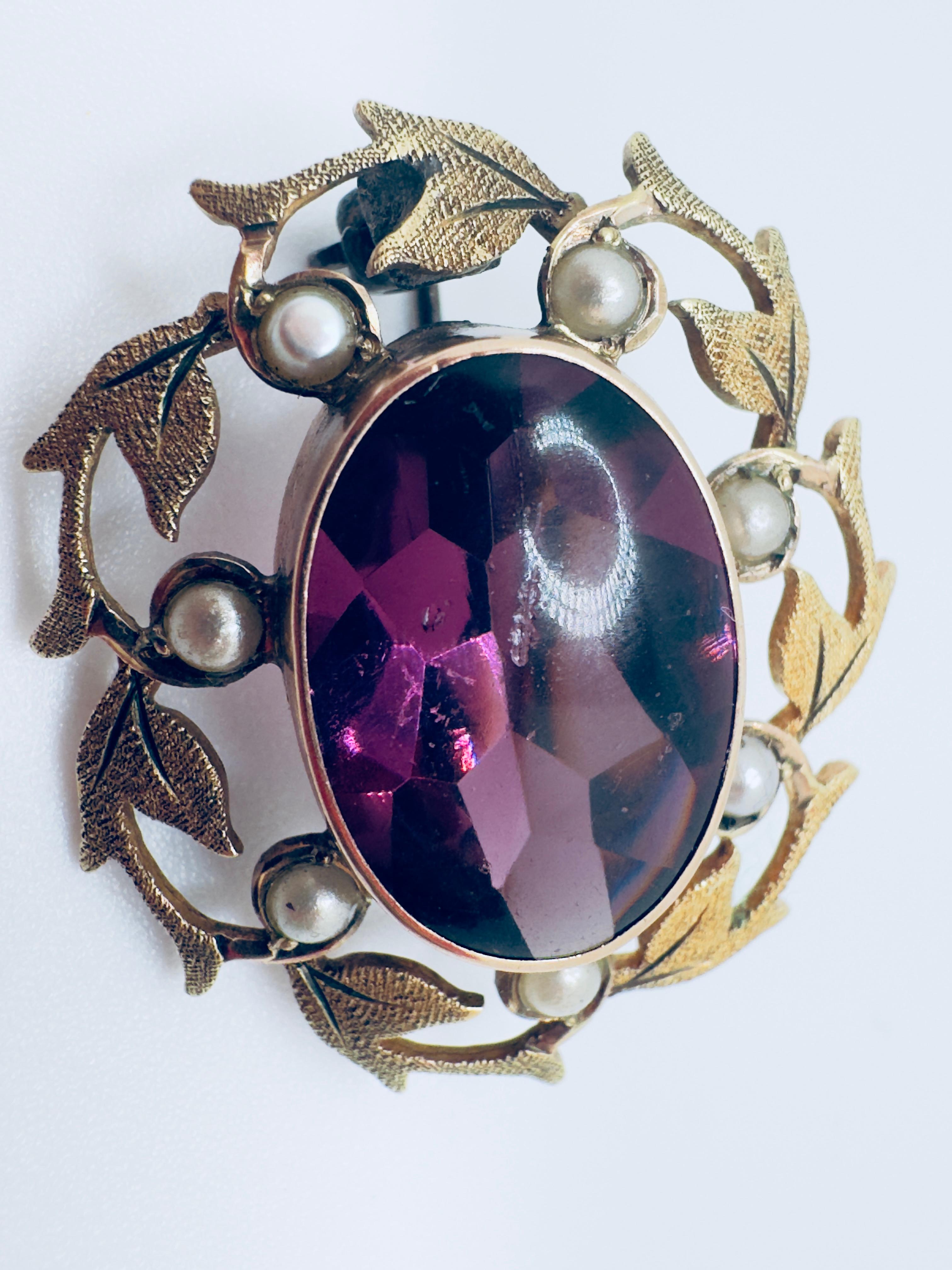 Broche antiguo de amatista y perlas de collar de 10 quilates en Bueno estado para la venta en Palm Desert, CA