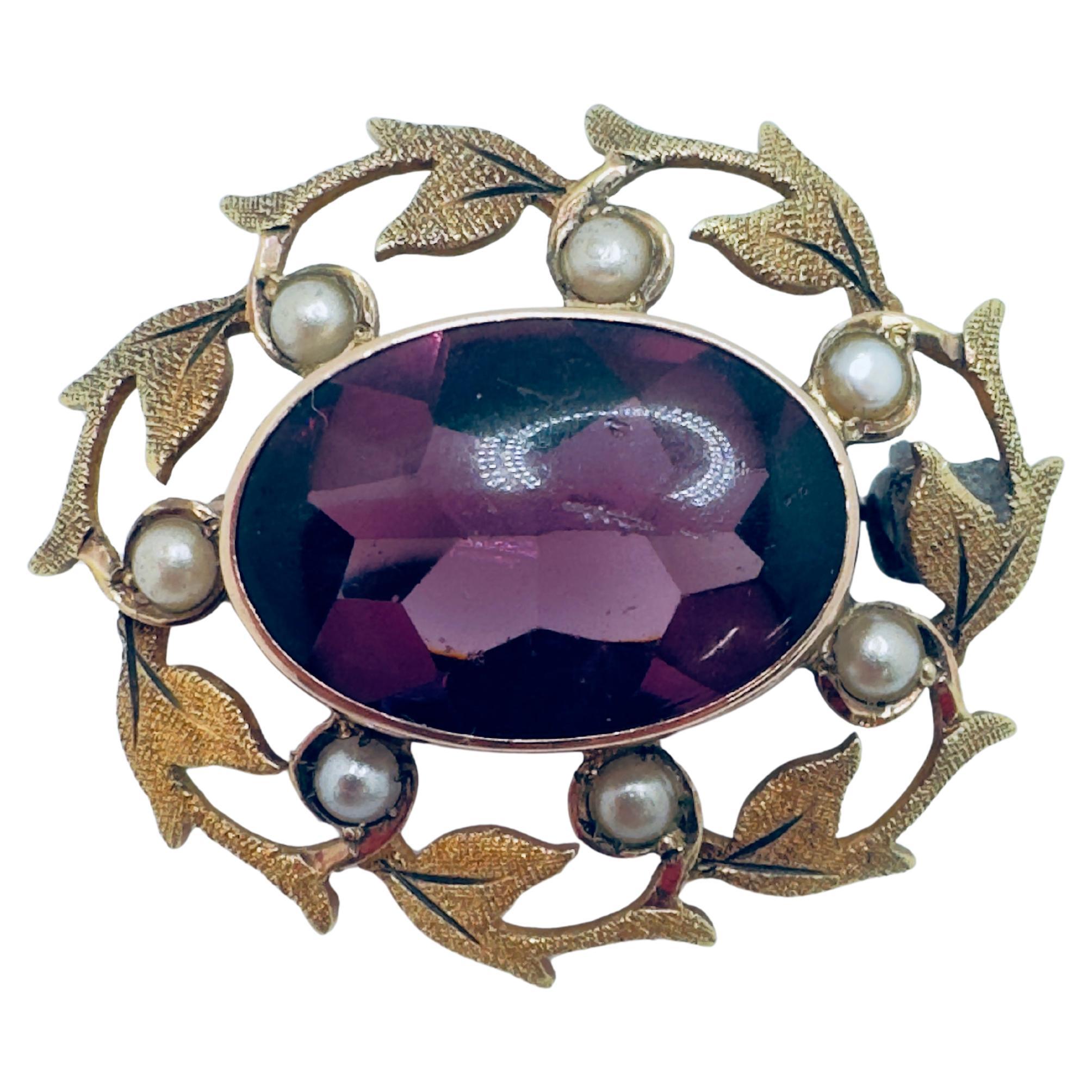 Broche antiguo de amatista y perlas de collar de 10 quilates en venta