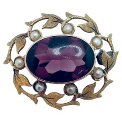 Broche antiguo de amatista y perlas de collar de 10 quilates