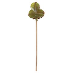 Antique 10K Gold & Carved Green Tourmaline Clover Stickpin