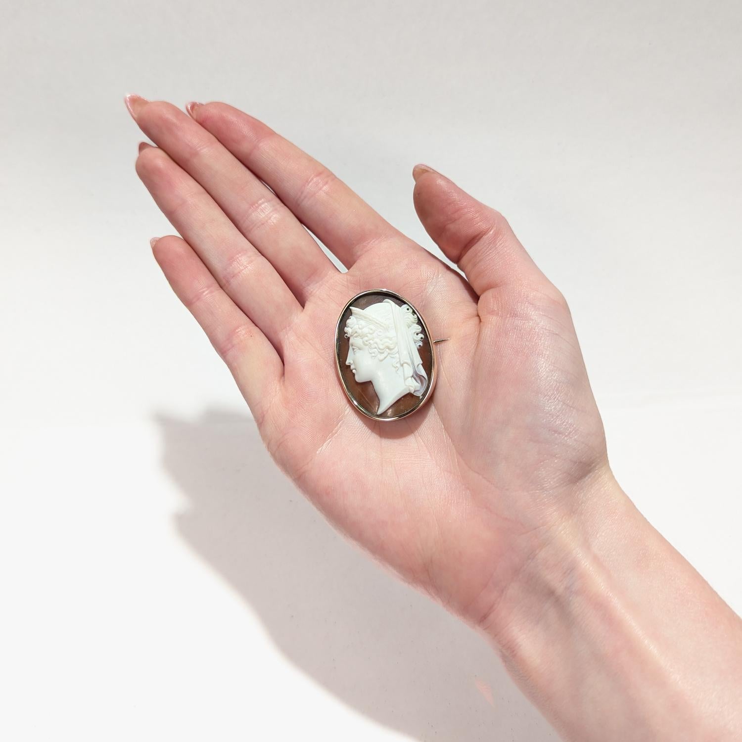 Greek Revival Antique 10K Gold Carved Shell Cameo Brooch of the Goddess Hera (or Juno) For Sale