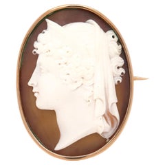 Antique 10K Gold Carved Shell Cameo Brooch of the Goddess Hera (or Juno)