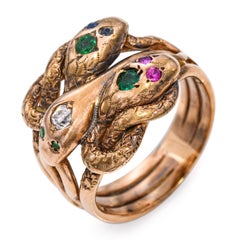 Antique 10k Gold Diamond, Ruby, Sapphire and Emerald Triple-Headed Snake Ring