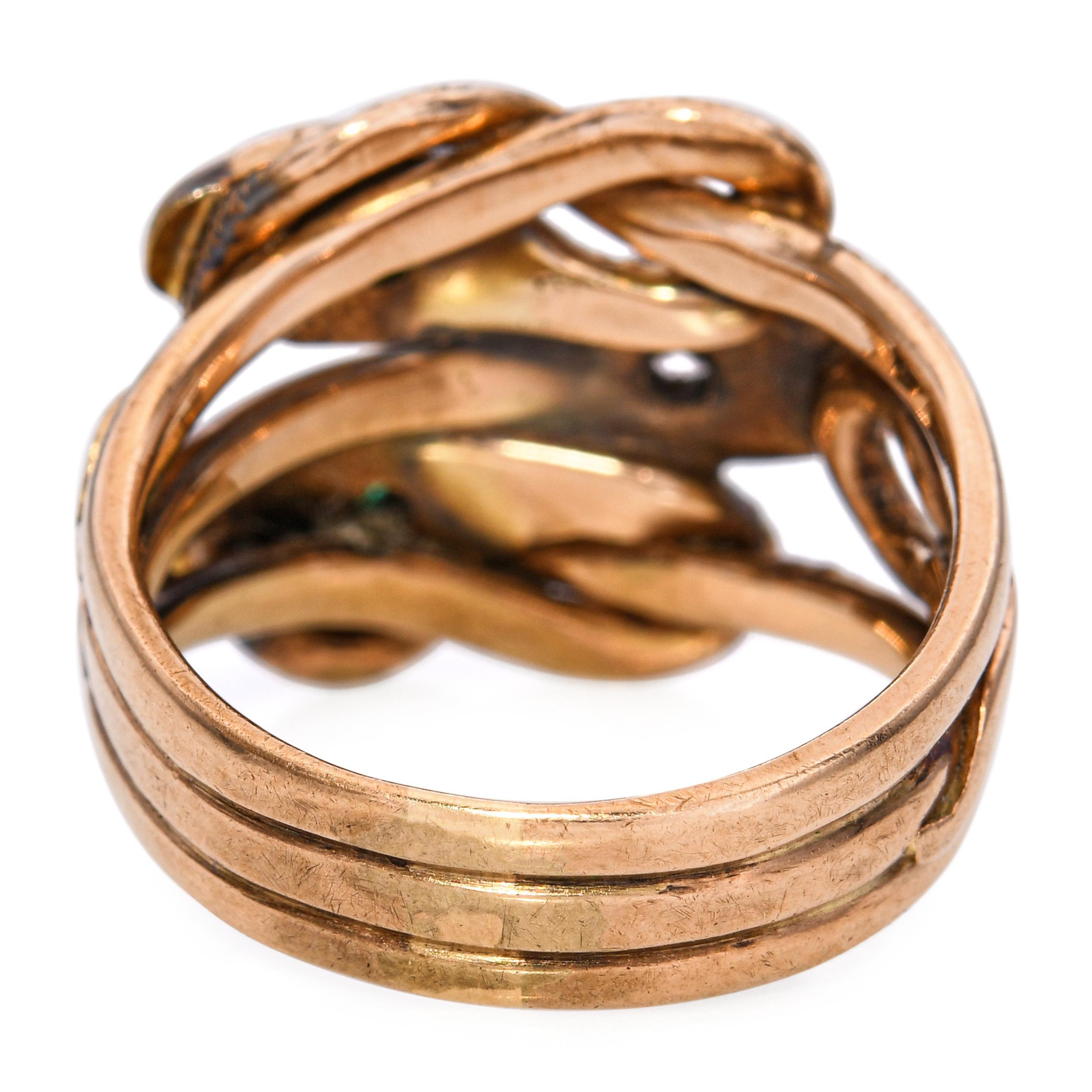 Antiker 10k Gold Diamant, Rubin, Saphir und Smaragd dreiköpfiger Schlangenring im Zustand „Gut“ im Angebot in New York, NY