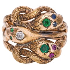 Antique 10k Gold Diamond, Ruby, Sapphire and Emerald Triple-Headed Snake Ring