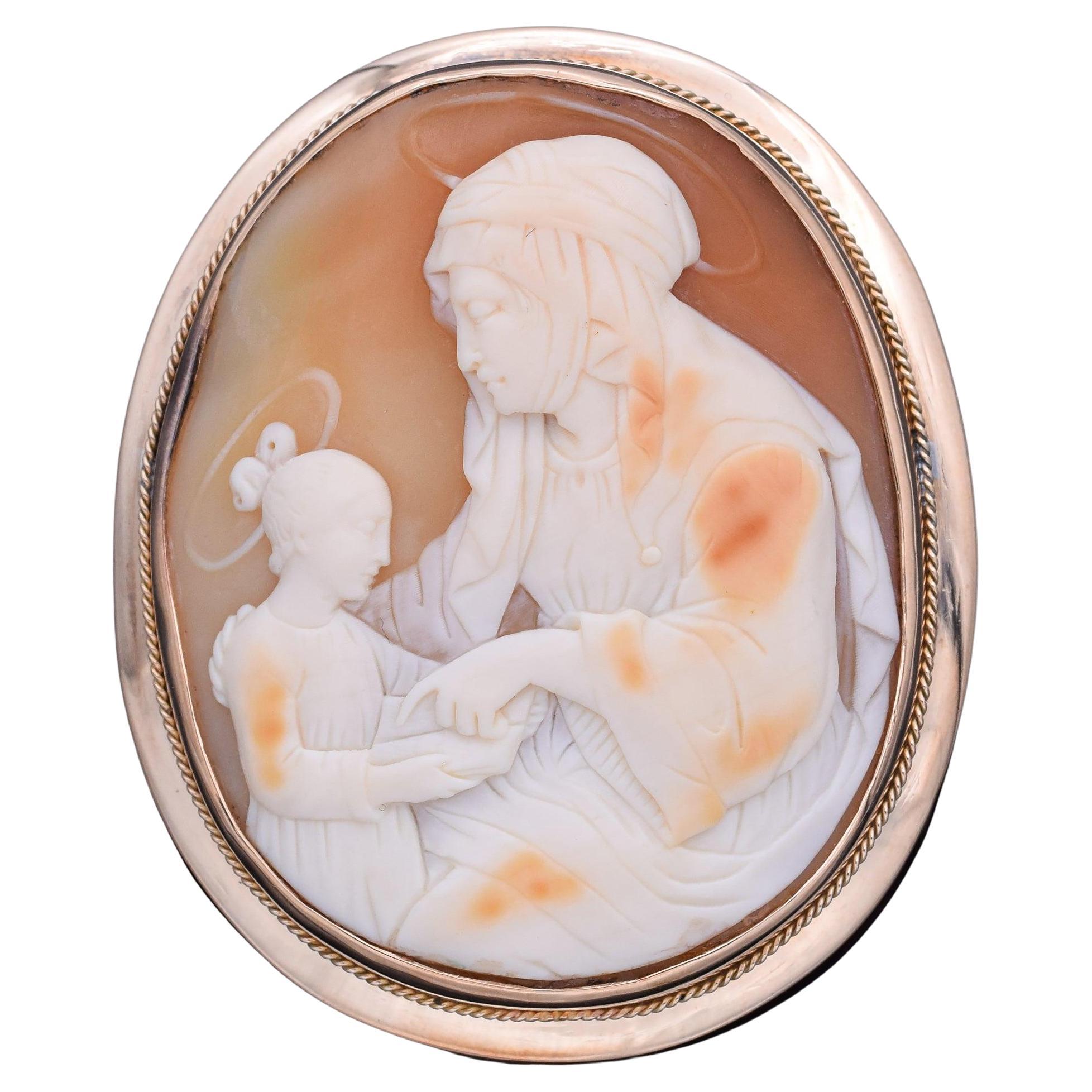 Antique 10K Gold Education of the Virgin Mary by Saint Anne Cameo Brooch Pendant For Sale