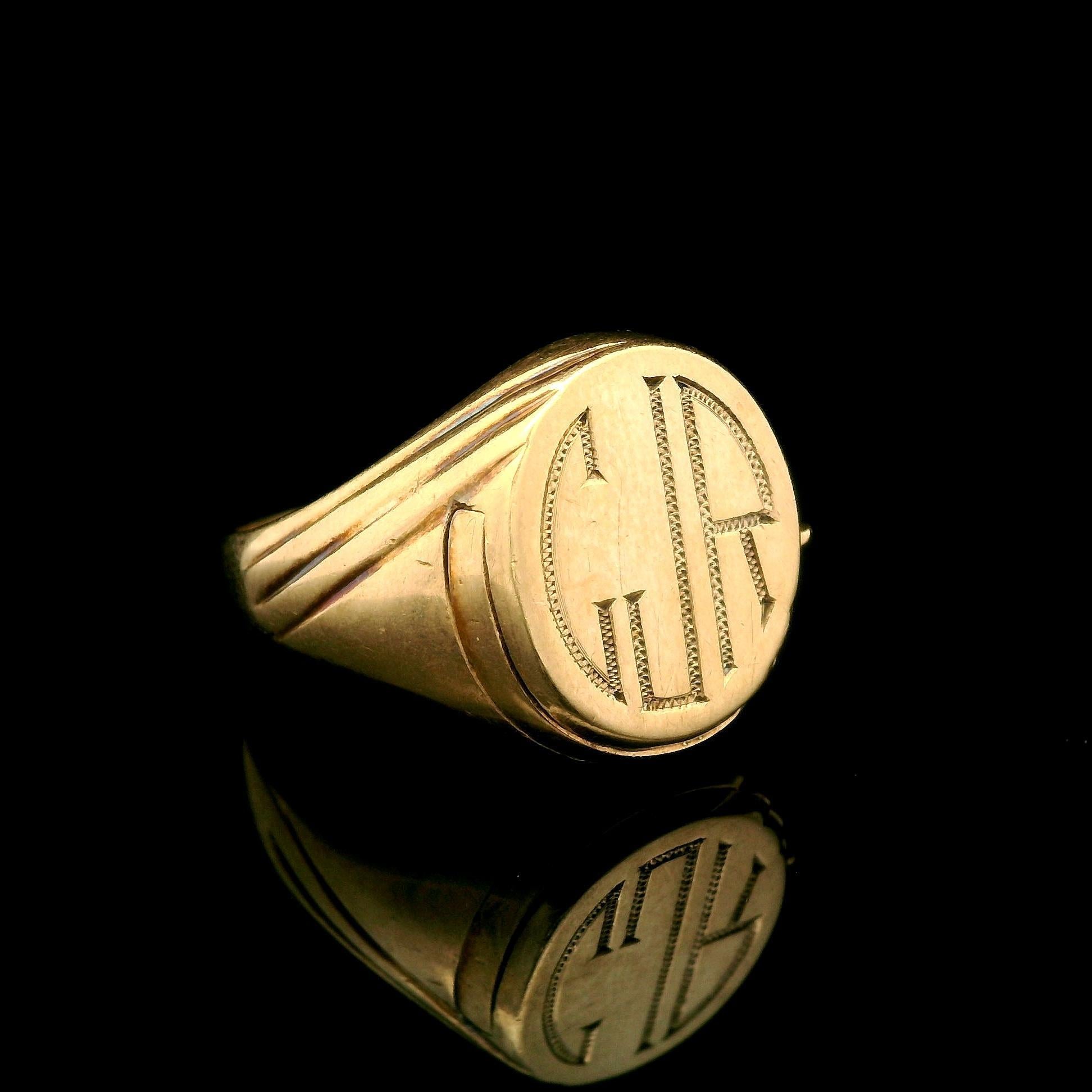 Women's or Men's Antique 10k Gold Engraved Oval Signet Ring w/ Secret Slide Open Flip Compartment For Sale