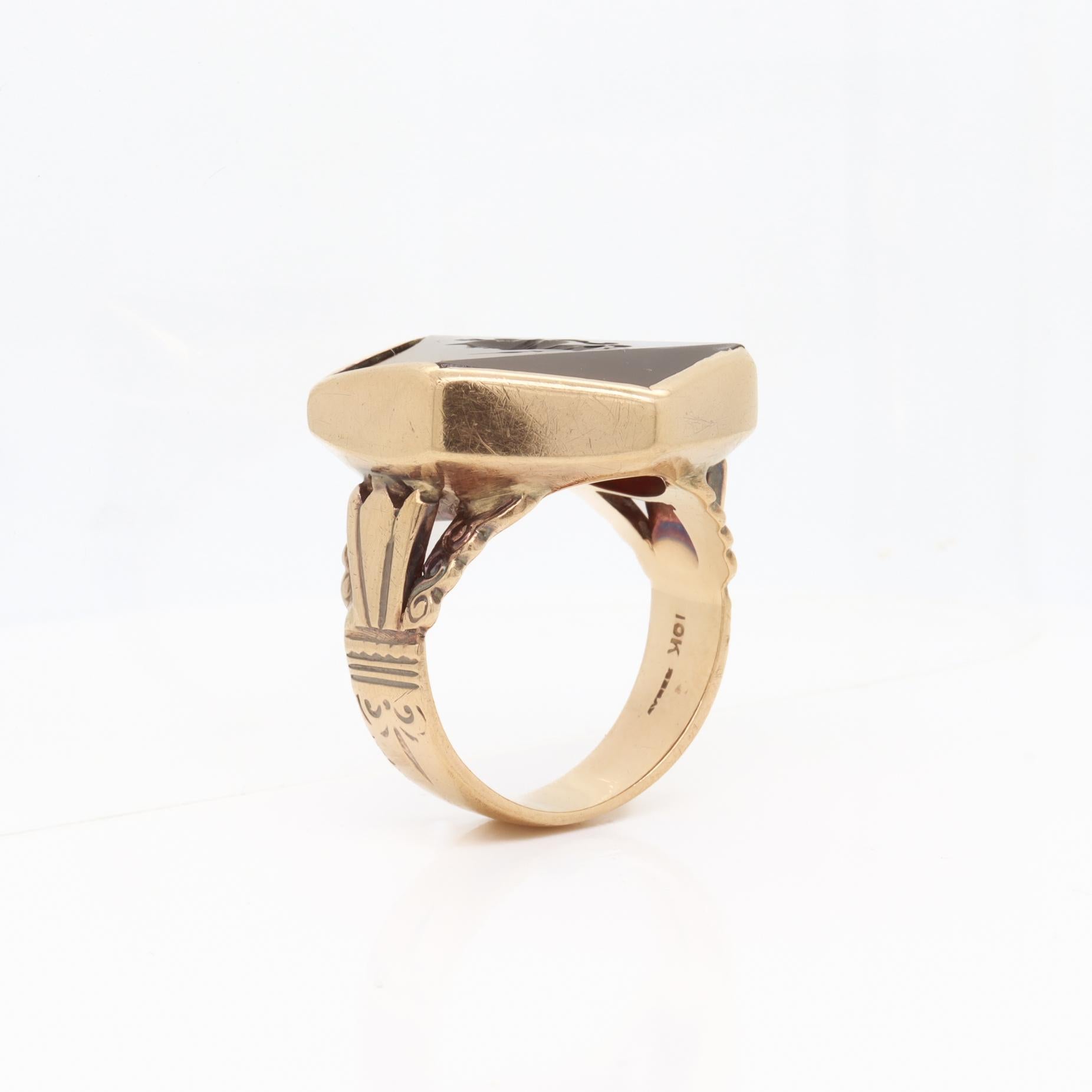 Antique 10K Gold & Hexagonal Faceted and Carved Carnelian Intaglio Ring 7