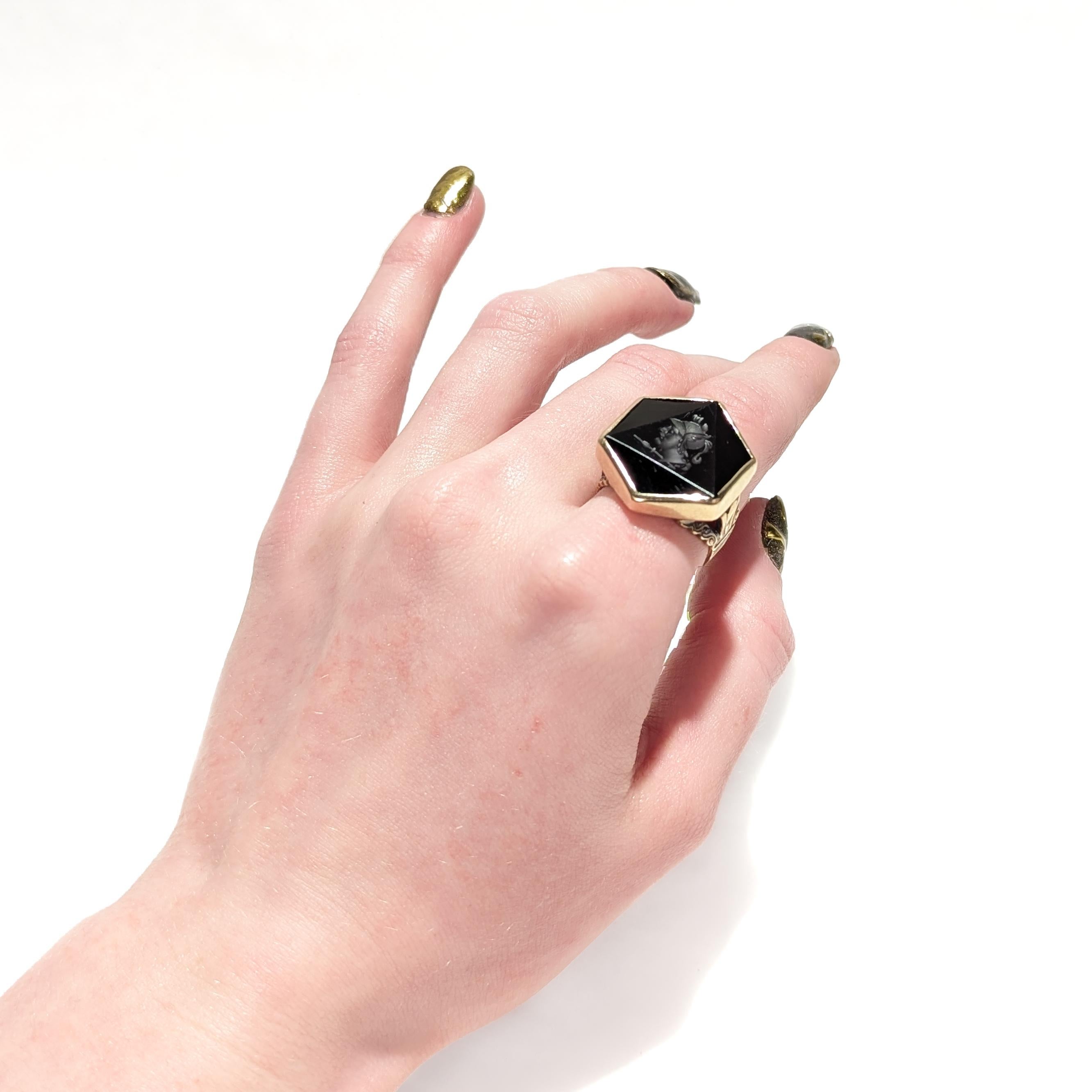 Victorian Antique 10K Gold & Hexagonal Faceted and Carved Carnelian Intaglio Ring