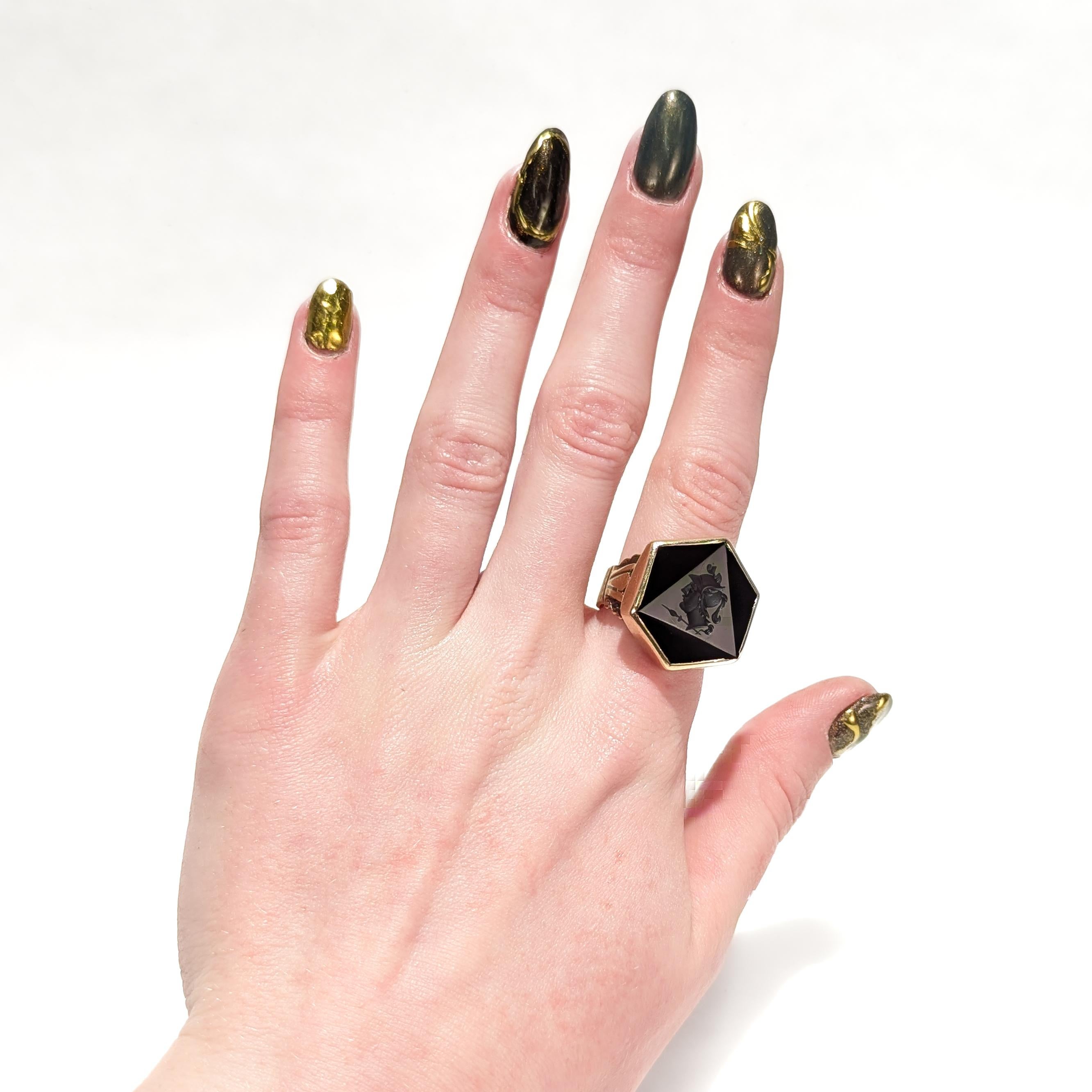 Cabochon Antique 10K Gold & Hexagonal Faceted and Carved Carnelian Intaglio Ring