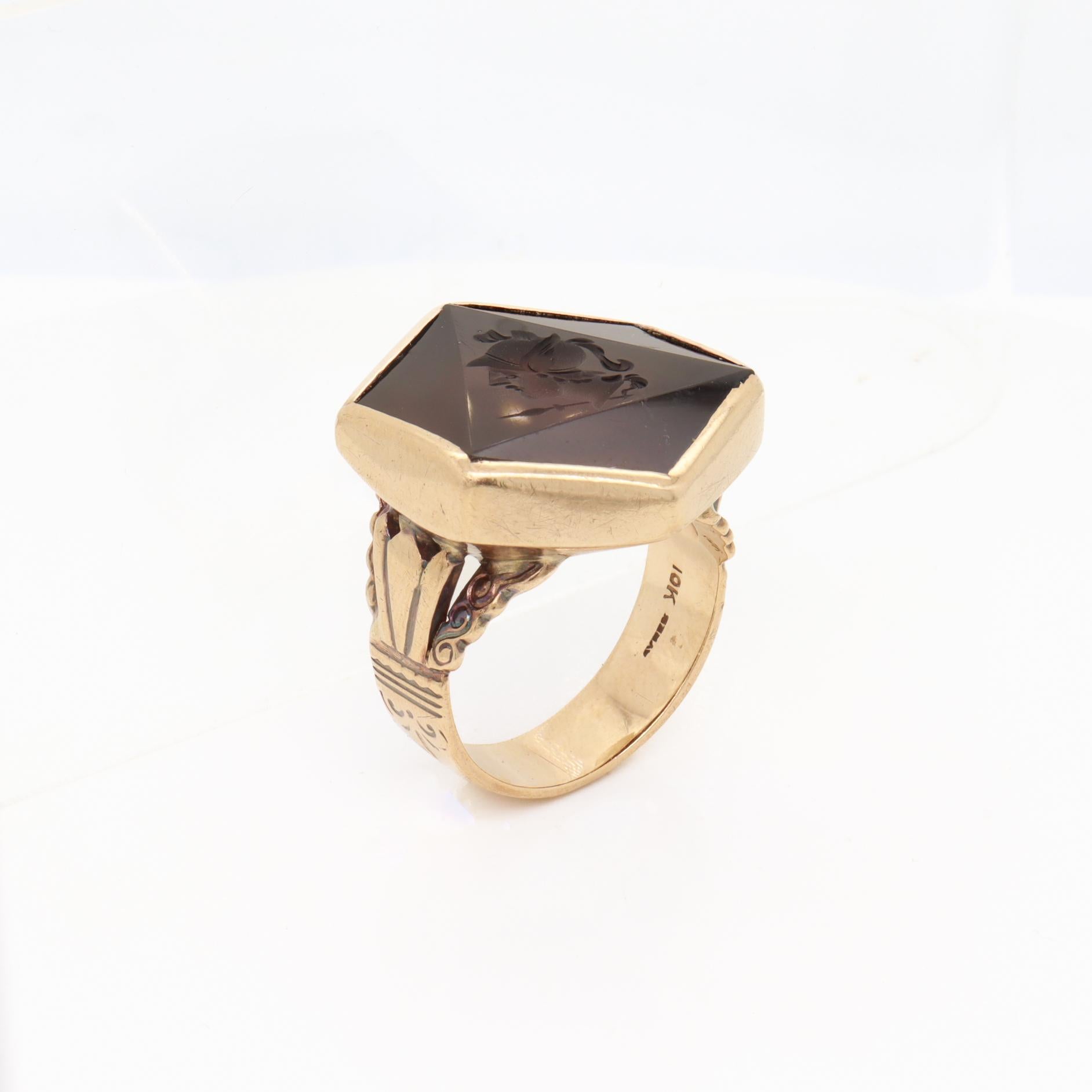 Women's or Men's Antique 10K Gold & Hexagonal Faceted and Carved Carnelian Intaglio Ring