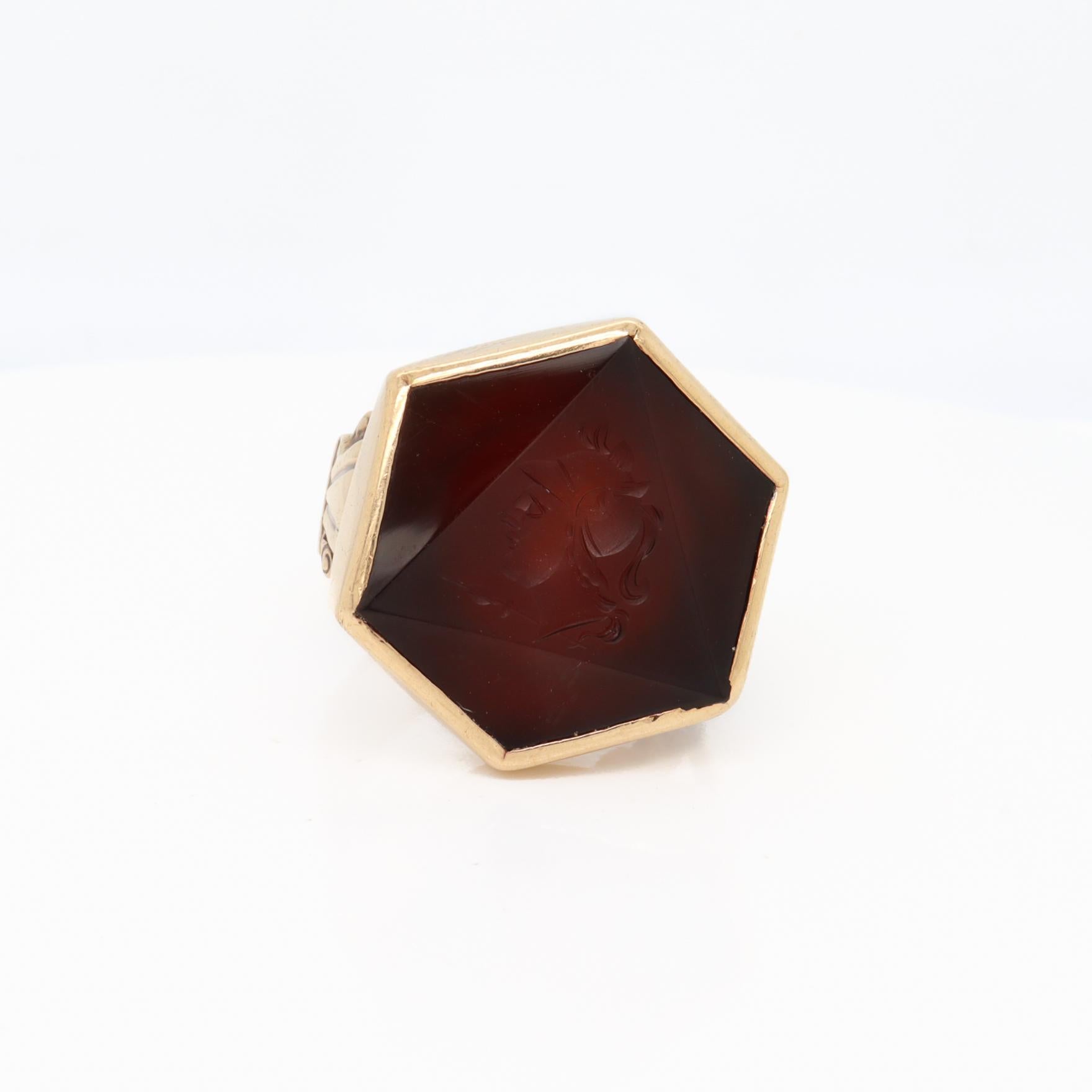 Antique 10K Gold & Hexagonal Faceted and Carved Carnelian Intaglio Ring 2