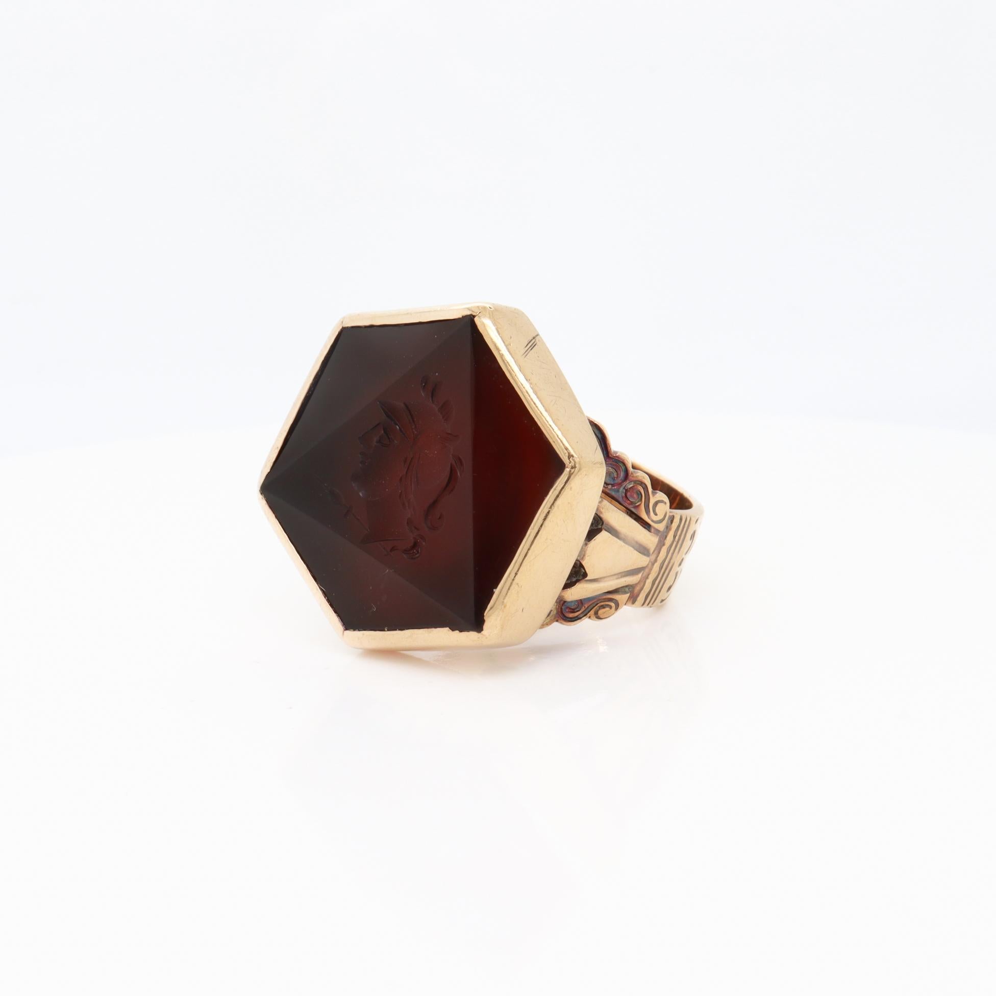Antique 10K Gold & Hexagonal Faceted and Carved Carnelian Intaglio Ring 3