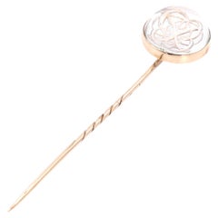 Antique 10K Gold Monogrammed Reverse Carved Intaglio Rock Crystal Stick Pin
