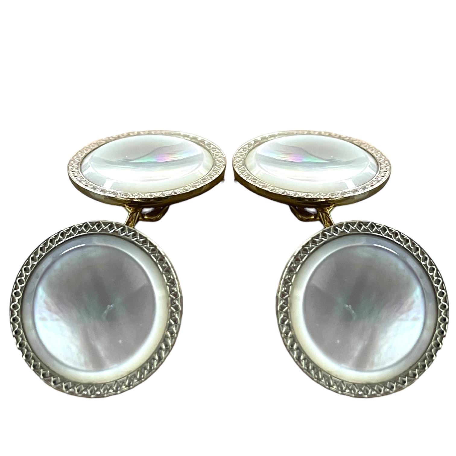 Modern Antique 10K Gold Mother of Pearl Cufflink and Shirt Stud Set For Sale