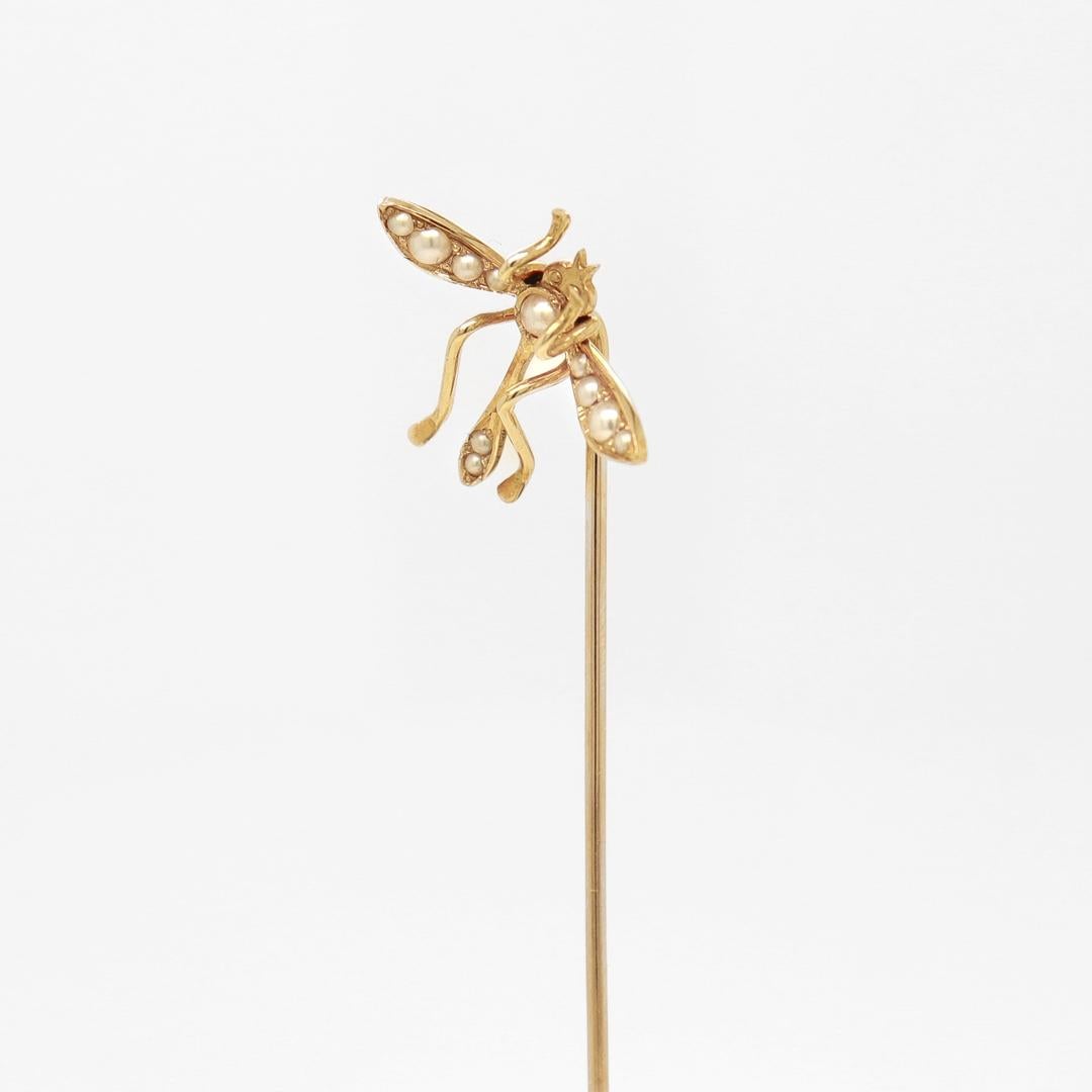 Round Cut Antique 10k Gold & Seed Pearl Stickpin Dragonfly or Water Bug Stickpin For Sale