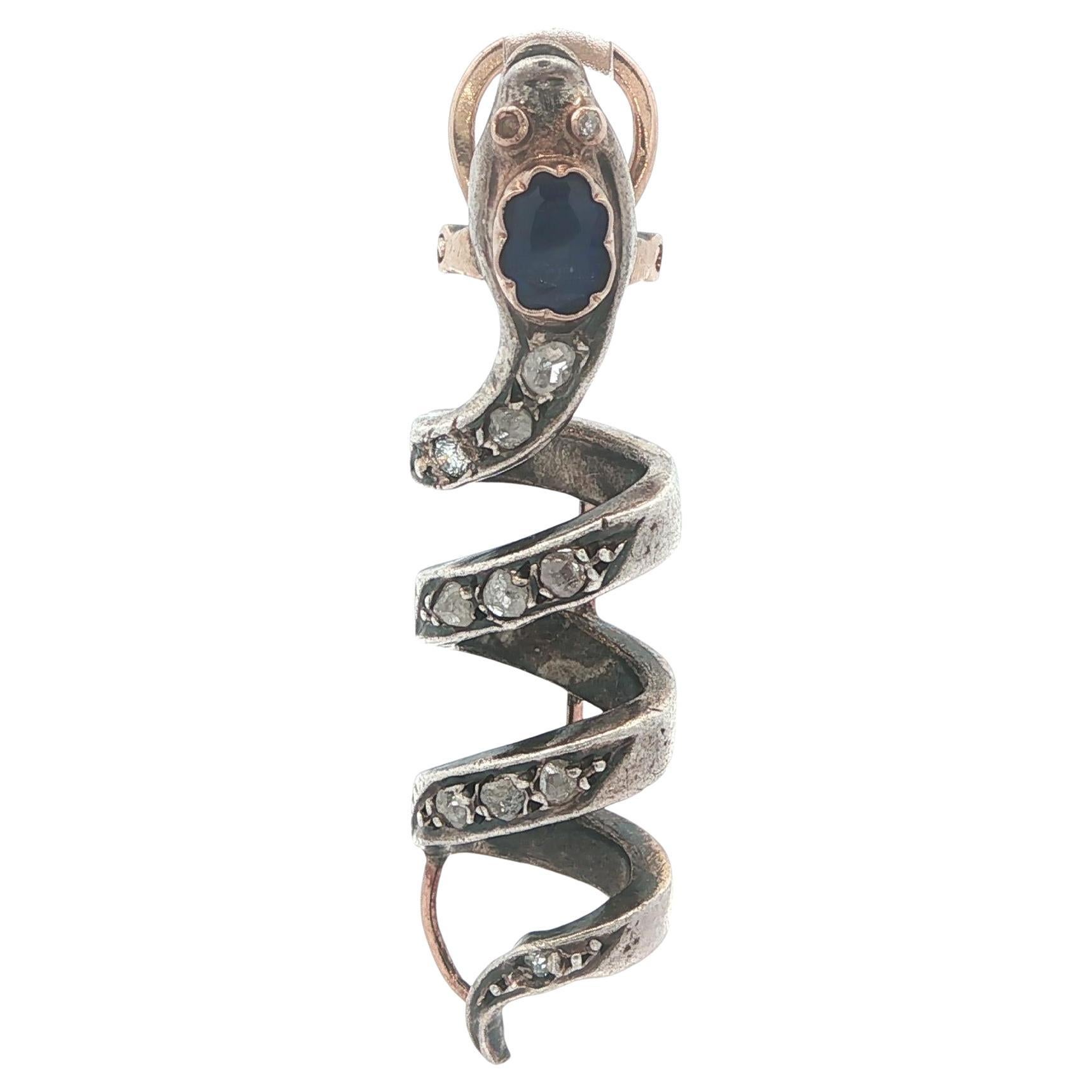 Antique 10k Gold 
Silver Diamond Sapphire Flip Top Snake Slide Wrap Pendant For Sale