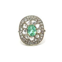 Antique 10k Gold & Silver GIA Mint Green Tourmaline Old Rose Cut Diamond Ring