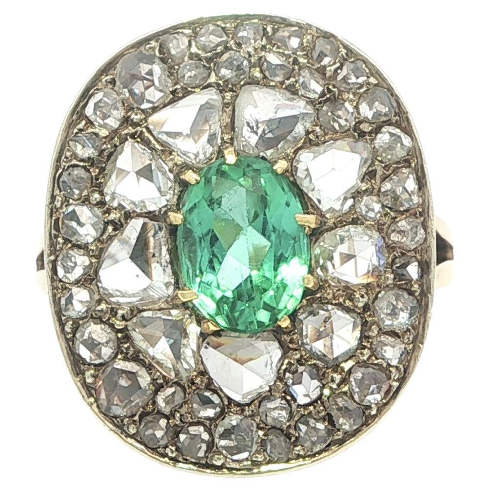 Antique 10k Gold 
Silver GIA Mint Green Tourmaline Old Rose Cut Diamond Ring in vendita