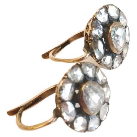 Boucles d'oreilles anciennes 1880s Victorian Rose Cut Diamond Gold Earrings Pour femmes en vente