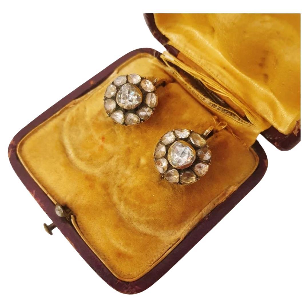 Boucles d'oreilles anciennes 1880s Victorian Rose Cut Diamond Gold Earrings en vente 2