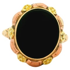 Antiker 10k Grüner Roségold Rosettes Schwarzer Onyx Cocktail-Statement-Ring