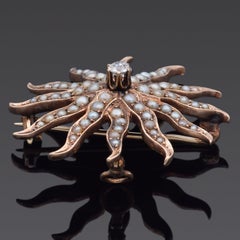 Antique 10k Rose Gold Diamond & Pearl Sunburst Brooch Pin Pendant