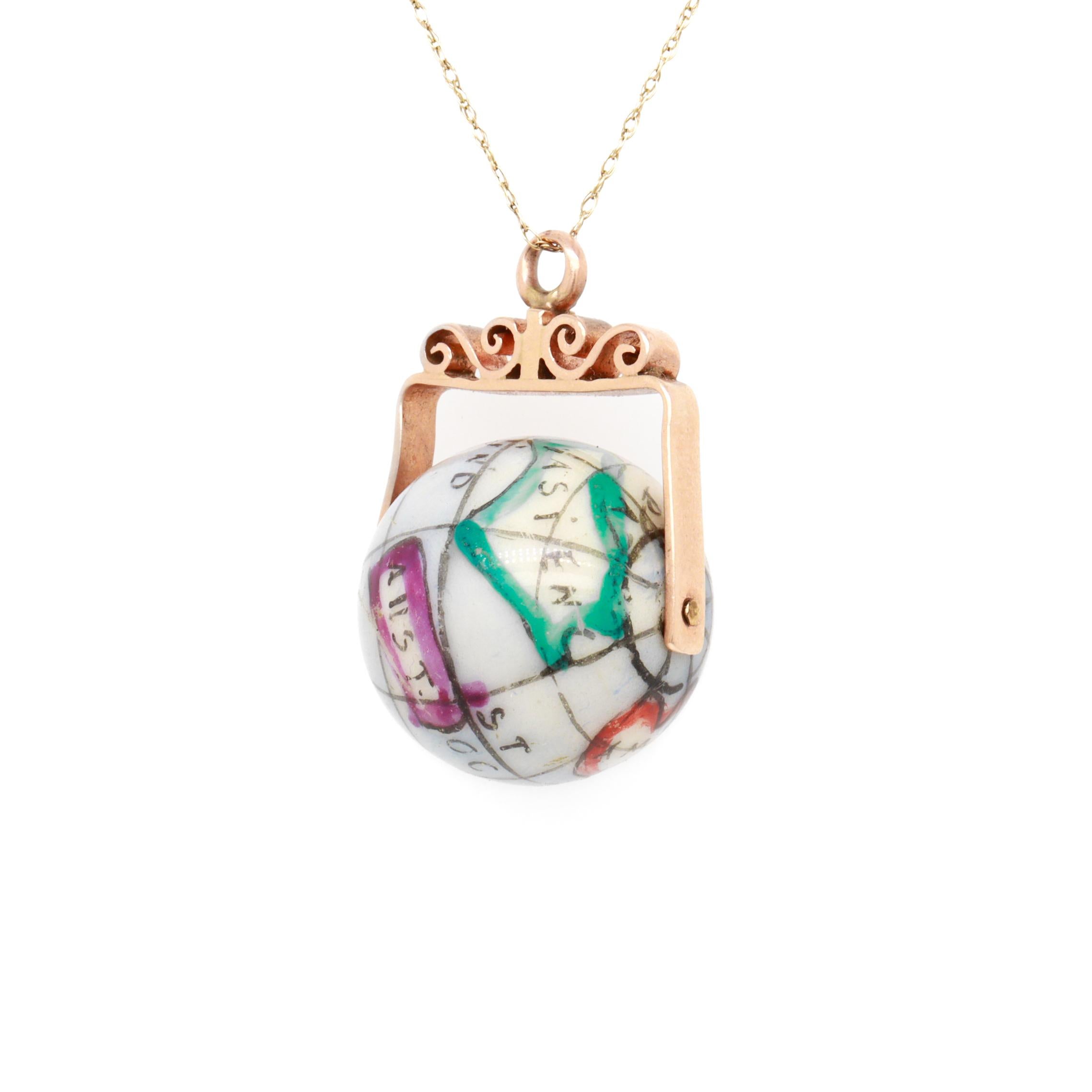 Antique 10K Rose Gold & Porcelain Globe / World Map Spinner Charm or Pendant For Sale 6