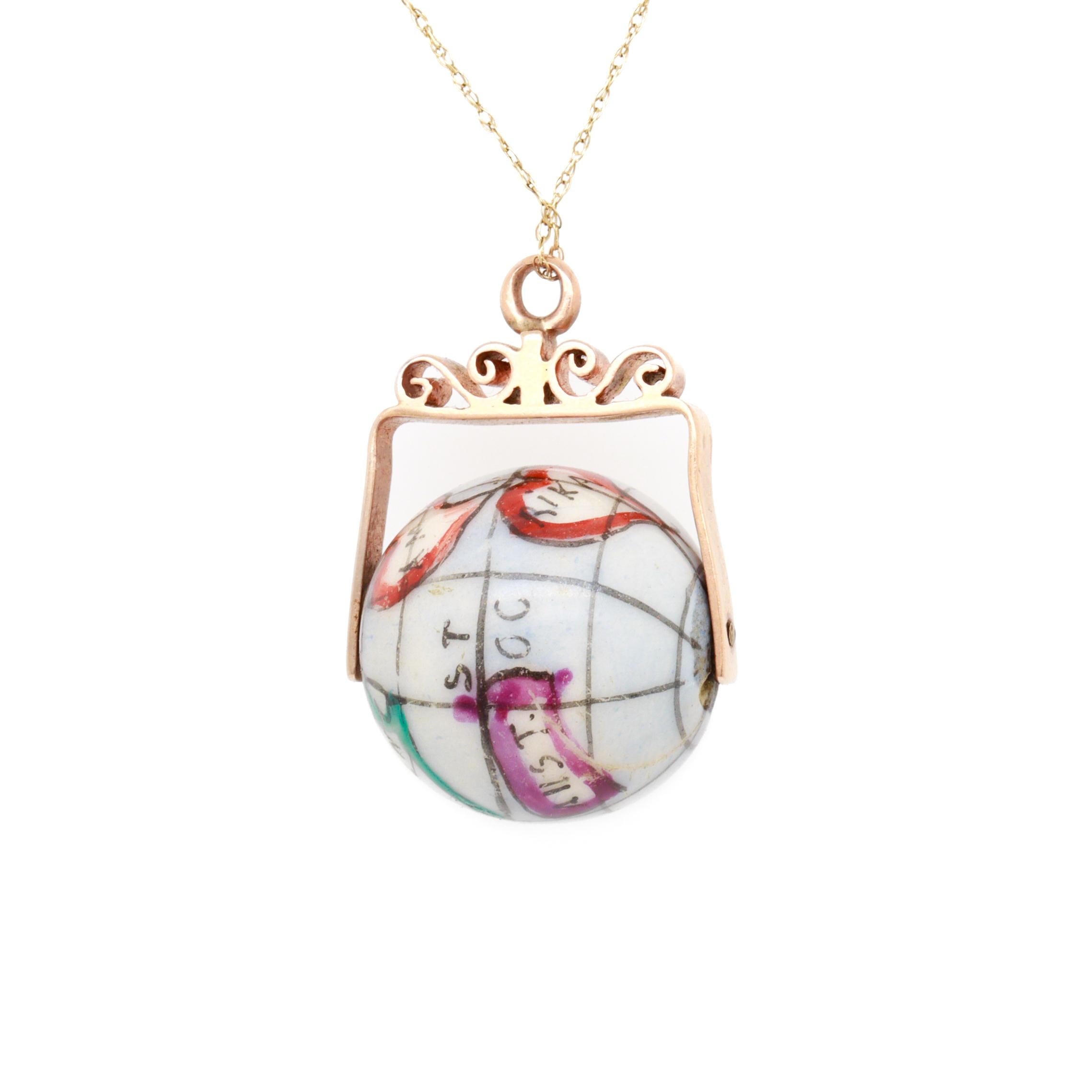 Antique 10K Rose Gold & Porcelain Globe / World Map Spinner Charm or Pendant For Sale 7